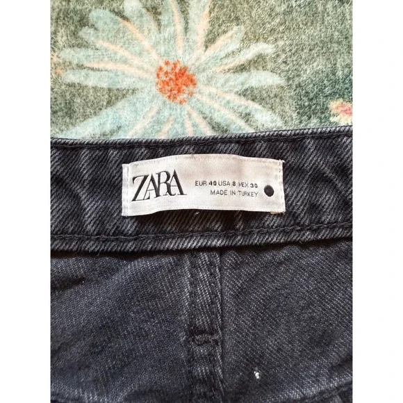 Zara Women High Waisted Straight Leg Jeans Faded Black Tie Waist Size 8 - Picture 2 of 4